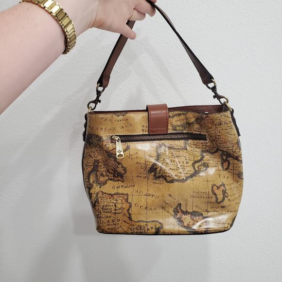 Patricia Nash Whimsy Pirate Fairy Bag Brown Map Print Leather Shoulder Bag Purse - Picture 4 of 14